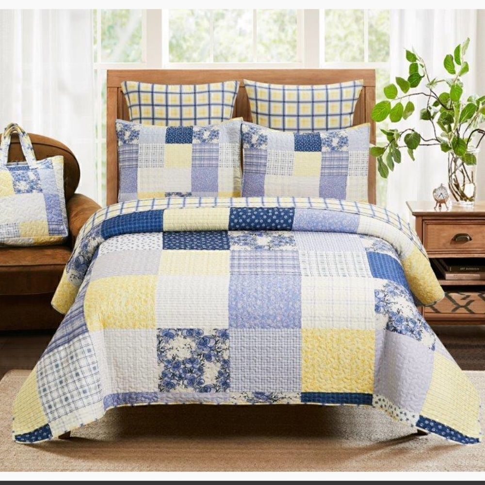 NEW! Garden Blue Bell Printed KING Quilt Set with Bonus Tote Bag Farmhouse